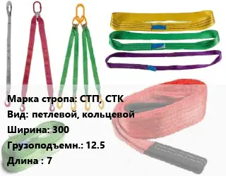 Строп текстильный СТП, СТК петлевой, кольцевой В=300 Грузопод.:12.5 L=7